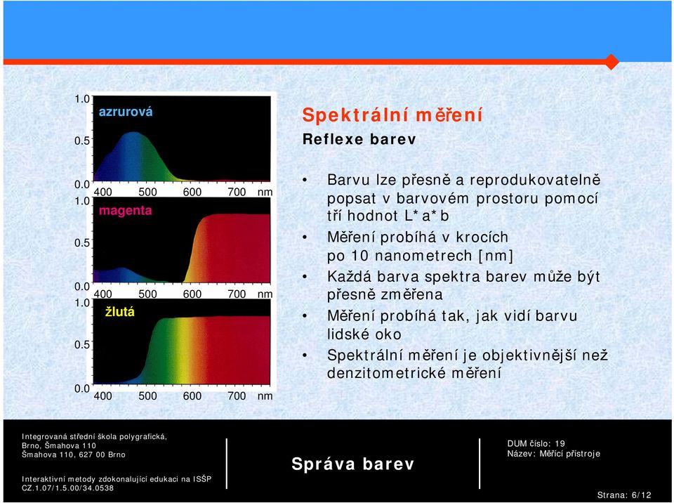 Měření probíhá v krocích po 10 nanometrech [nm] Každá barva spektra barev může být přesně změřena Měření probíhá