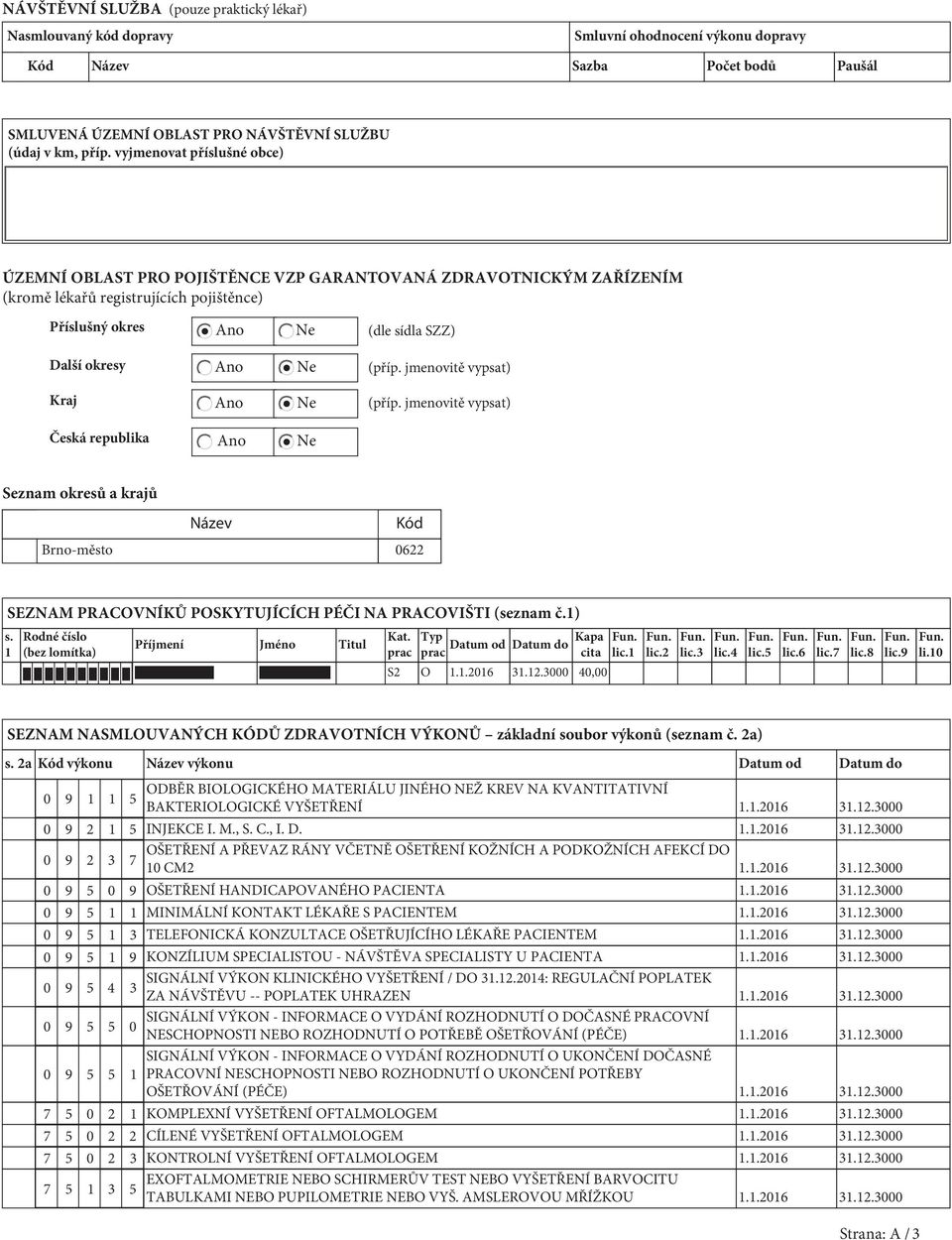 sídla SZZ) (příp. jmenovitě vypsat) (příp. jmenovitě vypsat) Česká republika Ano Ne Seznam okresů a krajů Název Kód Brno-město 0622 SEZNAM PRACOVNÍKŮ POSKYTUJÍCÍCH PÉČI NA PRACOVIŠTI (seznam č.1) s.