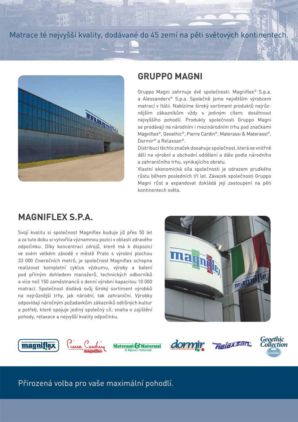 Produkty společnosti Gruppo Magni se prodávají na národním i mezinárodním trhu pod značkami Magniflex, Geoethic, Pierre Cardin, Materassi & Materassi, Dormir a Relaxsan.