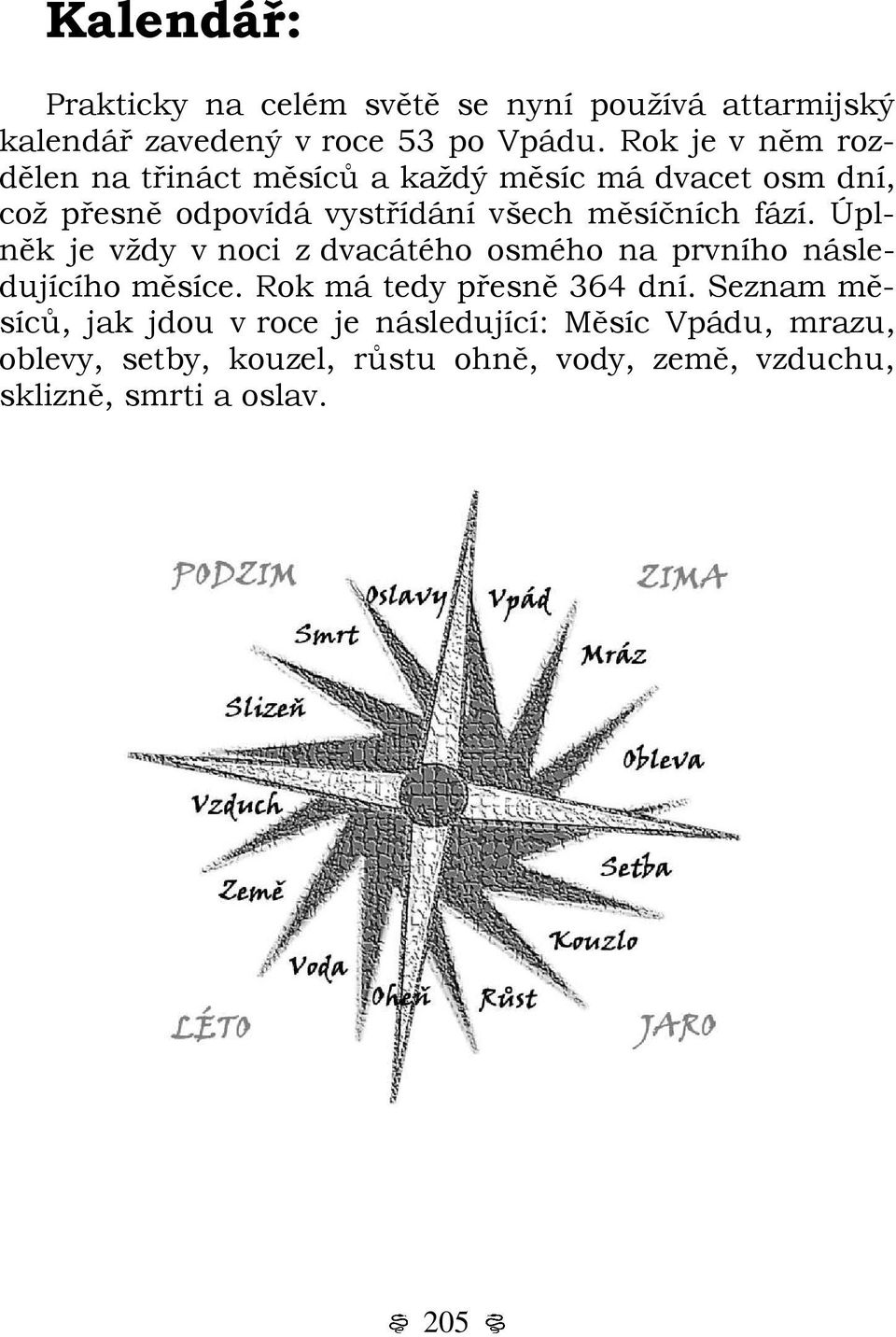 fází. Úplněk je vždy v noci z dvacátého osmého na prvního následujícího měsíce. Rok má tedy přesně 364 dní.