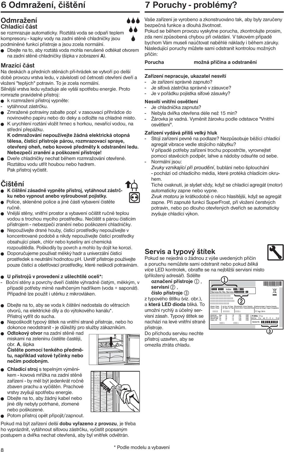 W Dbejte na to, aby roztátá voda mohla nerušeně odtékat otvorem na zadní stěně chladničky (šipka v zobrazení A).