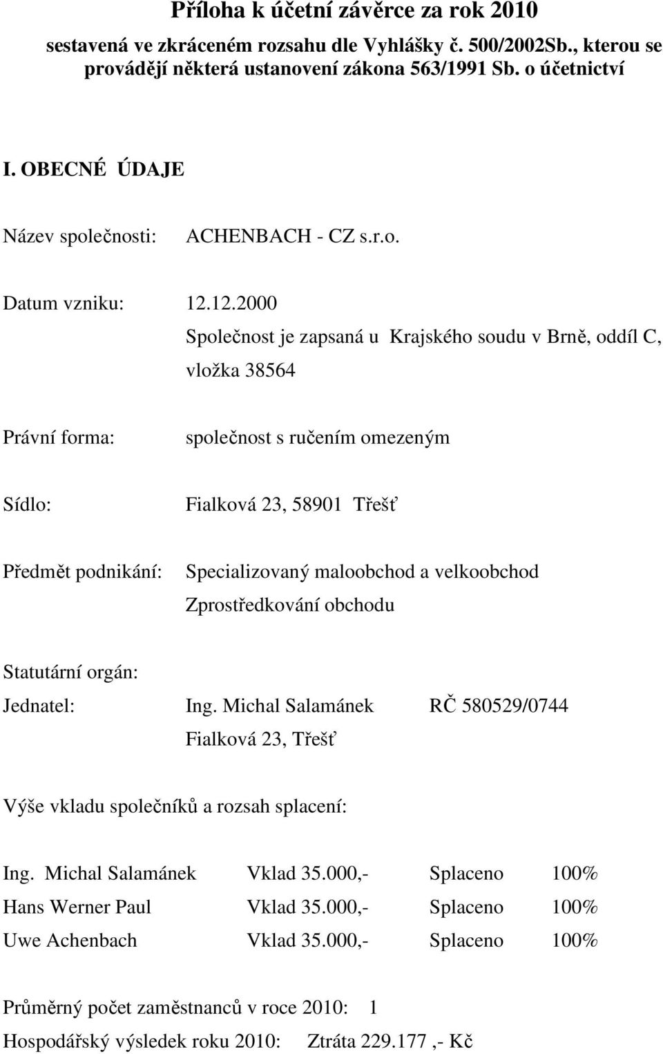 2.2000 Společnost je zpsná u Krjského soudu v Brně, oddíl C, vložk 385 Právní form: společnost s ručením omezeným Sídlo: Filková 23, 5890 Třešť Předmět podnikání: Speilizovný mloohod