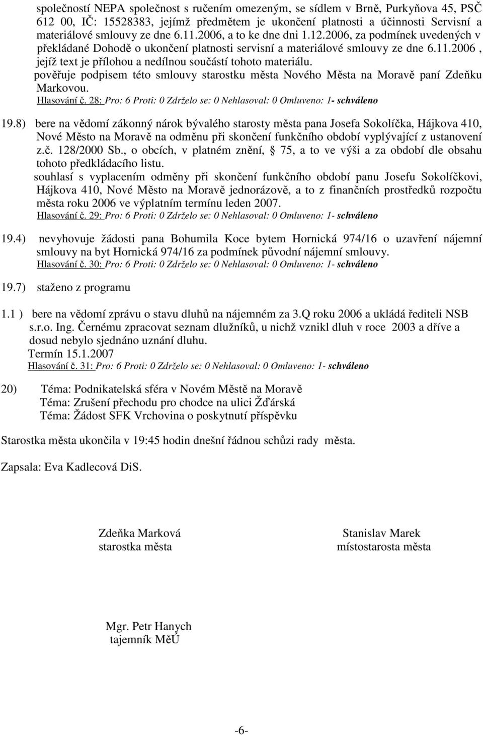 2006, jejíž text je přílohou a nedílnou součástí tohoto materiálu. pověřuje podpisem této smlouvy starostku města Nového Města na Moravě paní Zdeňku Markovou. Hlasování č.