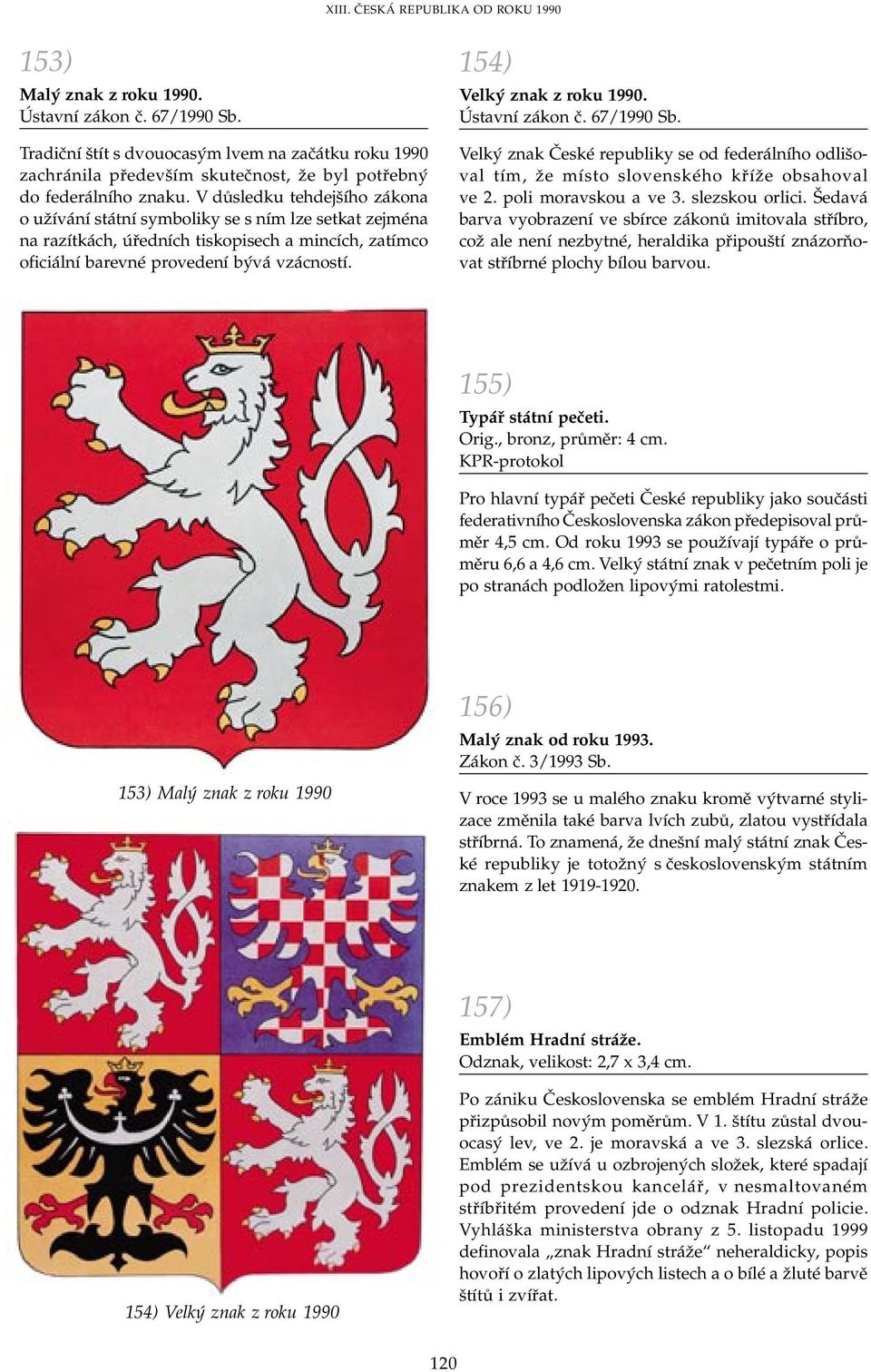 154) Velký znak z roku 1990. Ústavní zákon č. 67/1990 Sb. Velký znak České republiky se od federálního odlišo val tím, že místo slovenského kříže obsahoval ve 2. poli moravskou a ve 3.