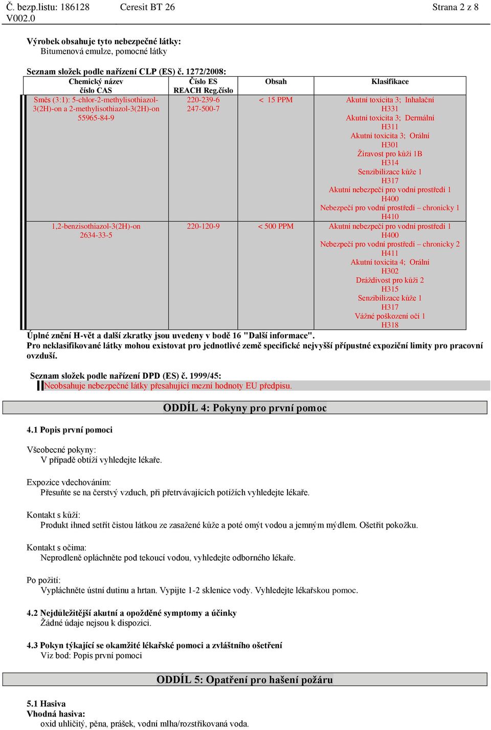 H311 Akutní toxicita 3; Orální H301 Žíravost pro kůži 1B H314 Senzibilizace kůže 1 H317 Akutní nebezpečí pro vodní prostředí 1 H400 Nebezpečí pro vodní prostředí chronicky 1 H410 220-120-9 < 500 PPM
