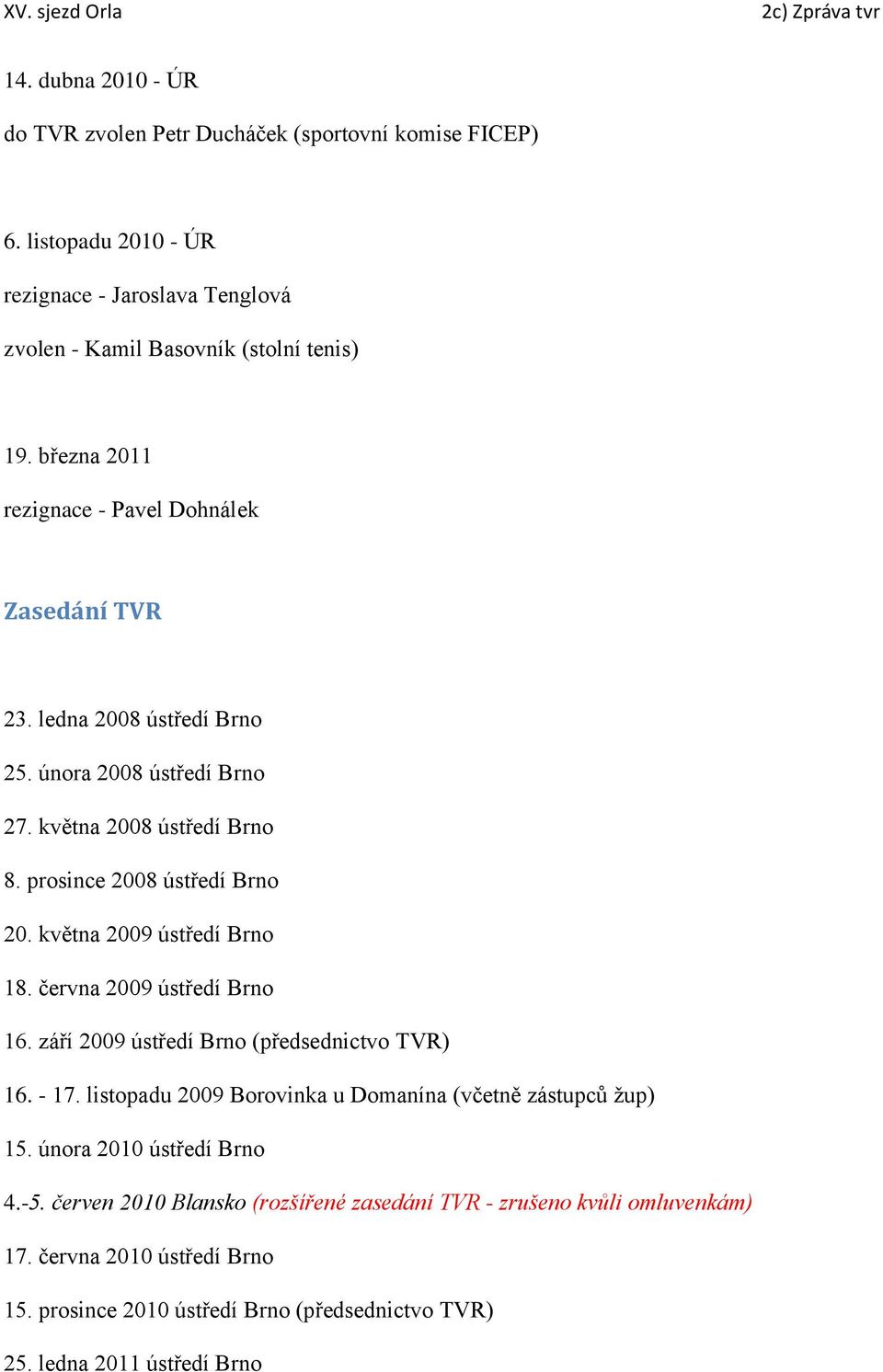 května 2009 ústředí Brno 18. června 2009 ústředí Brno 16. září 2009 ústředí Brno (předsednictvo TVR) 16. - 17. listopadu 2009 Borovinka u Domanína (včetně zástupců ţup) 15.