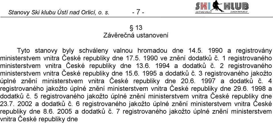 3 registrovaného jakožto úplné znění ministerstvem vnitra České republiky dne 20.6. 1997 a dodatků č. 4 registrovaného jakožto úplné znění ministerstvem vnitra České republiky dne 29.6. 1998 a dodatků č.