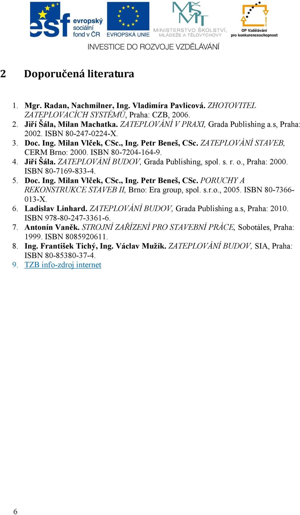 ZATEPLOVÁNÍ BUDOV, Grada Publishing, spol. s. r. o., Praha: 2000. ISBN 80-7169-833-4. 5. Doc. Ing. Milan Vlček, CSc., Ing. Petr Beneš, CSc. PORUCHY A REKONSTRUKCE STAVEB II, Brno: Era group, spol. s.r.o., 2005.