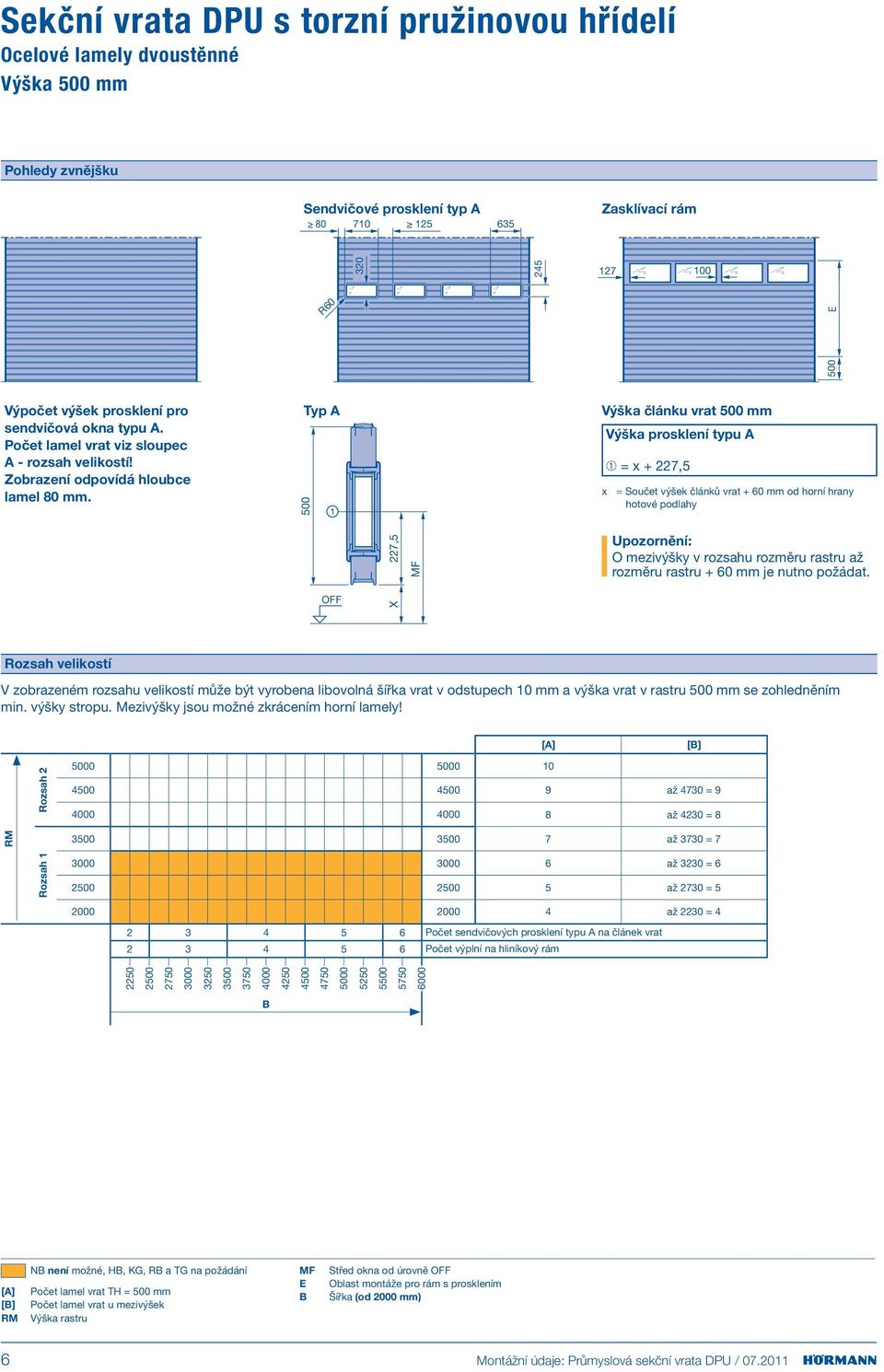 Typ A 500 Výška článku vrat 500 mm x Výška prosklení typu A ➀ = x + 227,5 = Součet výšek článků vrat + 60 mm od horní hrany hotové podlahy 227,5 M O mezivýšky v rozsahu rozměru rastru až rozměru