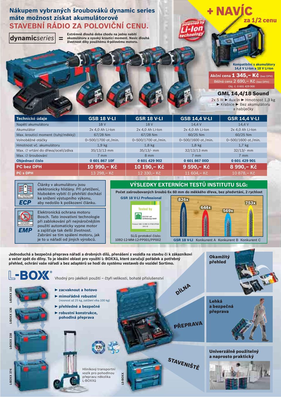 0 601 429 900 GML 14,4/18 Sound 2x 5 W Aux-in Hmotnost 1,3 kg Krabice Bez akumulátoru a nabíječky Technické cké údaje GSB 18 V-LI GSR 18 V-LI GSB 14,4 V-LI GSR 14,4 V-LI Napětí akumulátoru 18 V 18 V