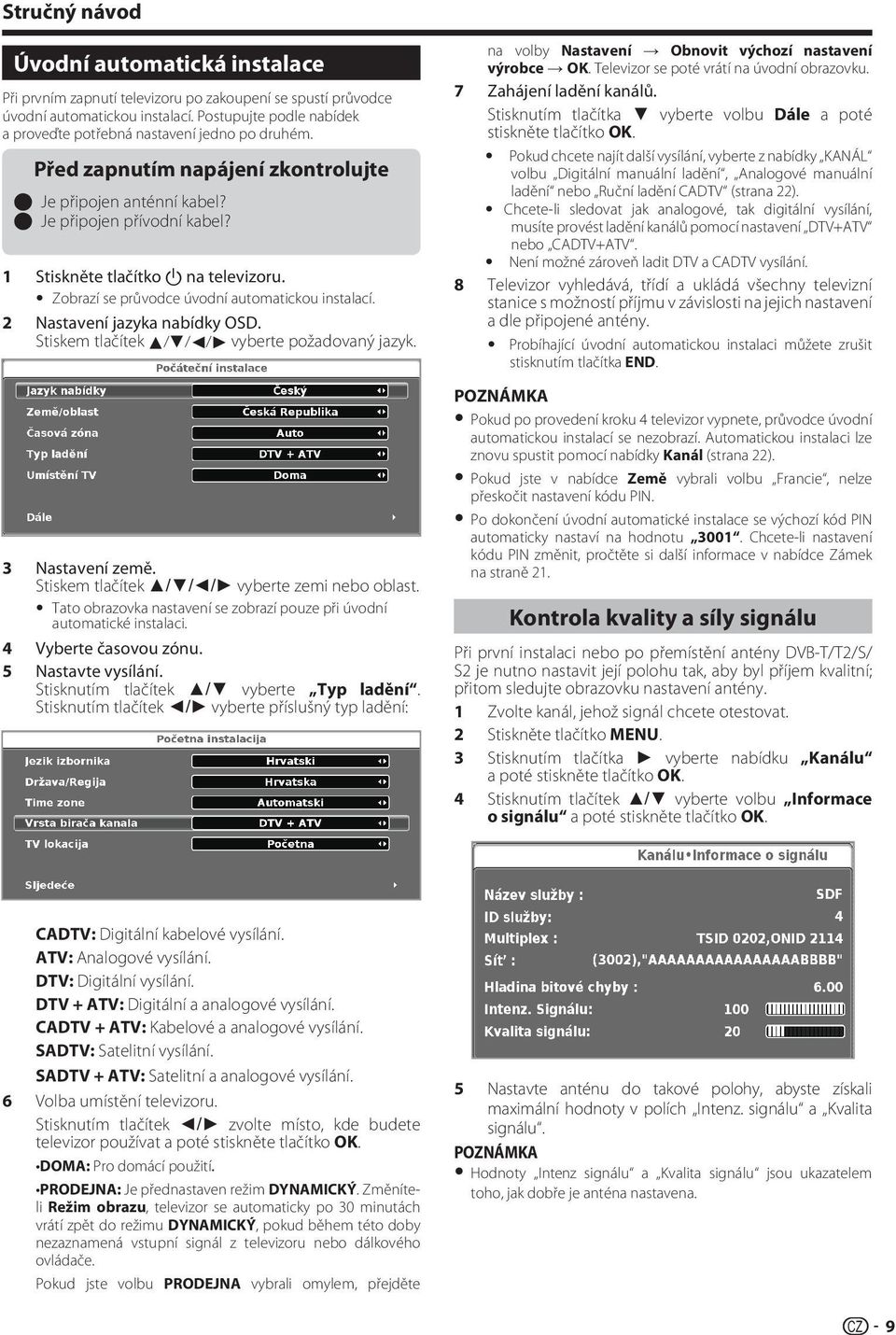 1 Stiskněte tlačítko a na televizoru. Zobrazí se průvodce úvodní automatickou instalací. 2 Nastavení jazyka nabídky OSD. Stiskem tlačítek a/b/c/d vyberte požadovaný jazyk. 3 Nastavení země.