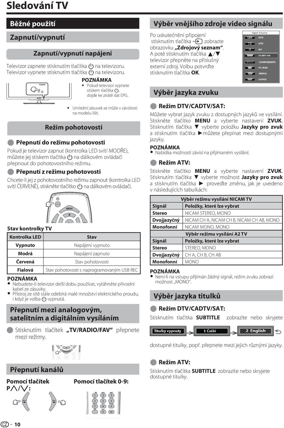 Režim pohotovosti E Přepnutí do režimu pohotovosti Pokud je televizor zapnut (kontrolka LED svítí MODŘE), můžete jej stiskem tlačítka a na dálkovém ovládači přepnout do pohotovostního režimu.