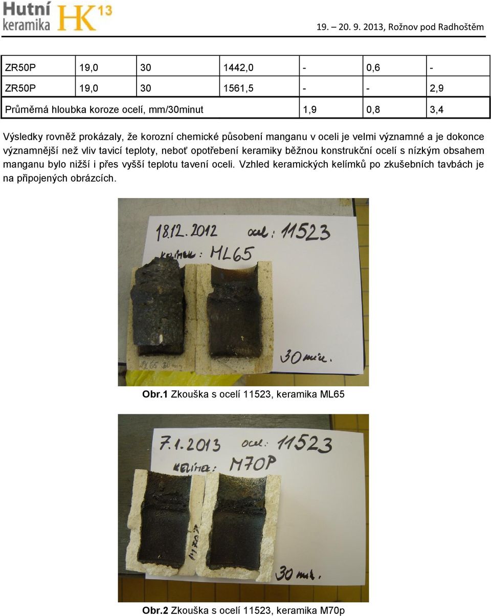 opotřebení keramiky běžnou konstrukční ocelí s nízkým obsahem manganu bylo nižší i přes vyšší teplotu tavení oceli.