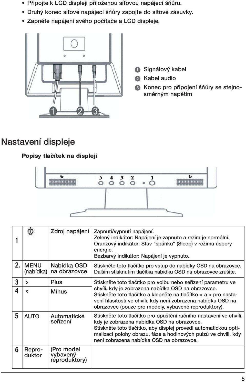 Plus Mínus Automatické sefiízení (Pro model vybaven reproduktory) Zapnutí/vypnutí napájení. Zelen indikátor: Napájení je zapnuto a reïim je normální.