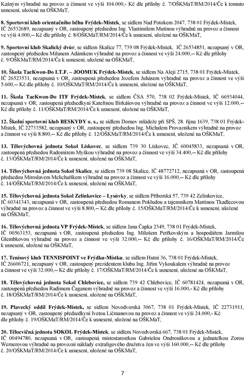 Vlastimilem Mutinou výhradně na provoz a činnost ve výši 4.000,-- Kč dle přílohy č. 8/OŠKMaT/RM/2014/Če k usnesení, uložené na OŠKMaT, 9.