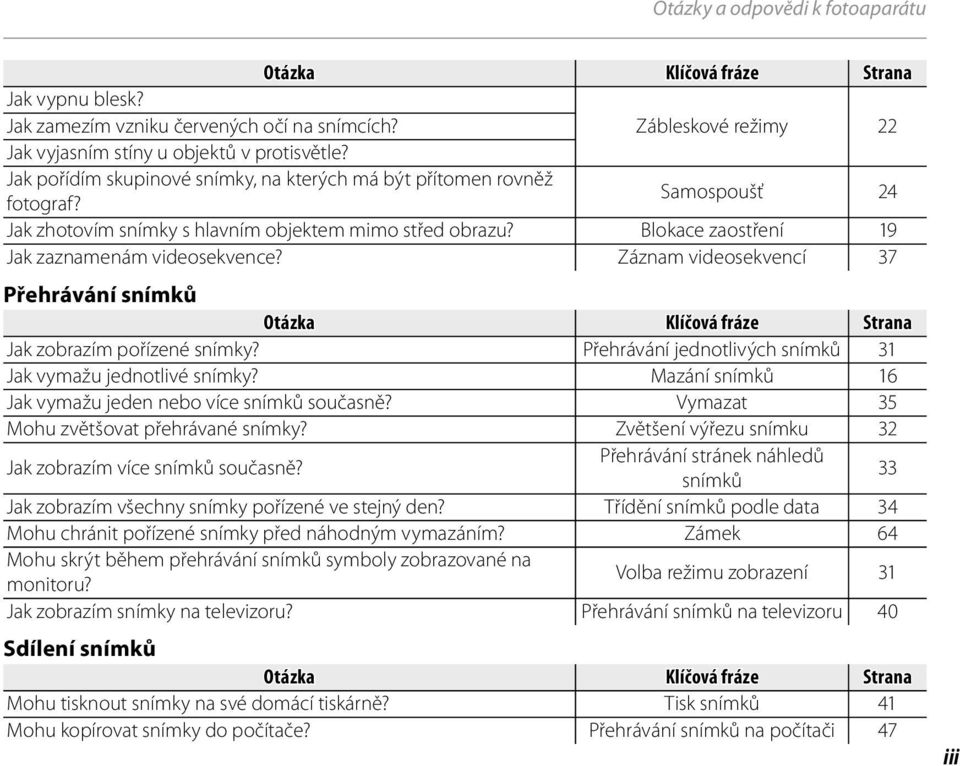 Blokace zaostření 19 Jak zaznamenám videosekvence? Záznam videosekvencí 37 Přehrávání snímků Otázka Klíčová fráze Strana Jak zobrazím pořízené snímky?