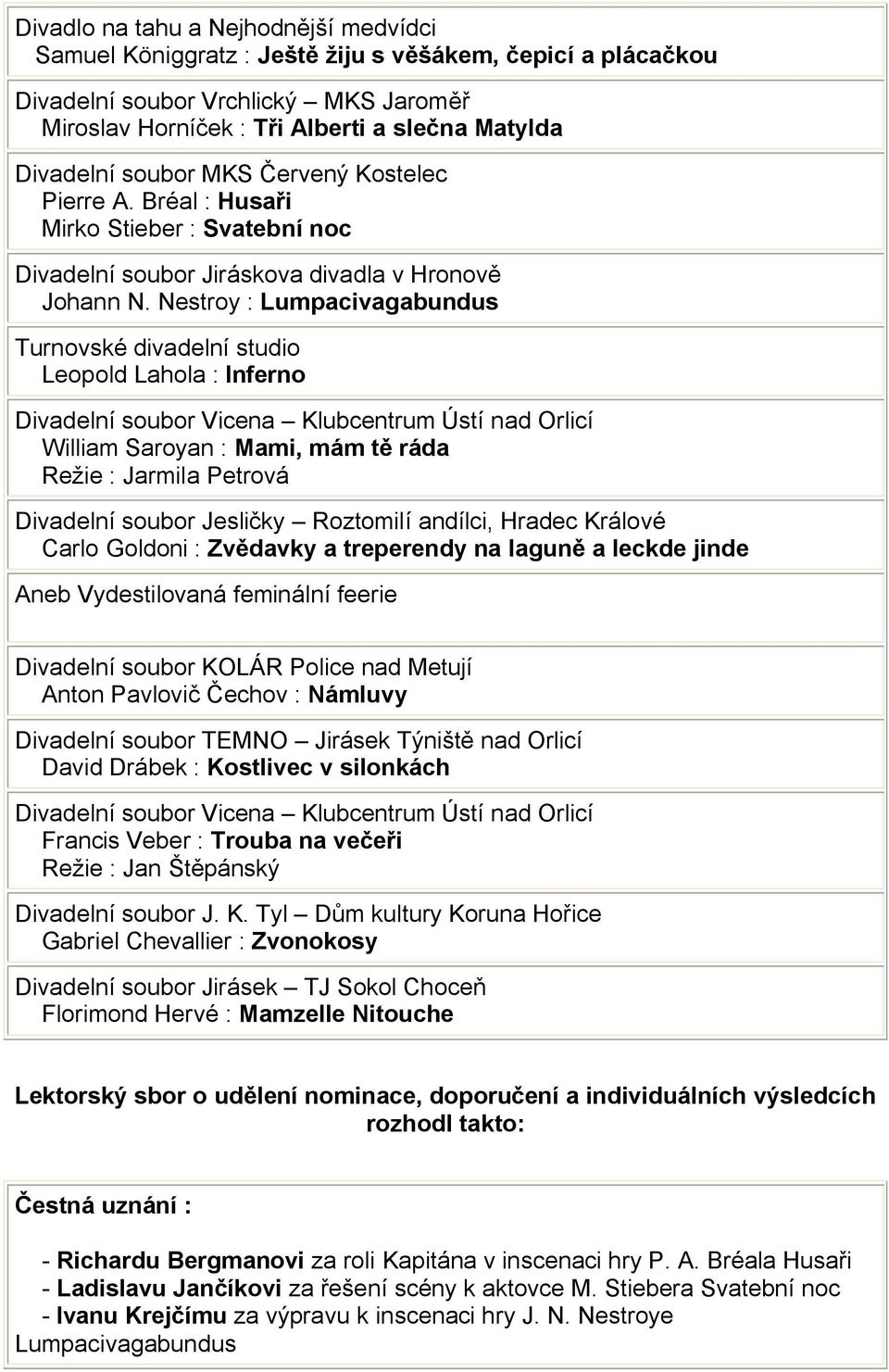 Nestroy : Lumpacivagabundus Turnovské divadelní studio Leopold Lahola : Inferno Divadelní soubor Vicena Klubcentrum Ústí nad Orlicí William Saroyan : Mami, mám tě ráda Režie : Jarmila Petrová