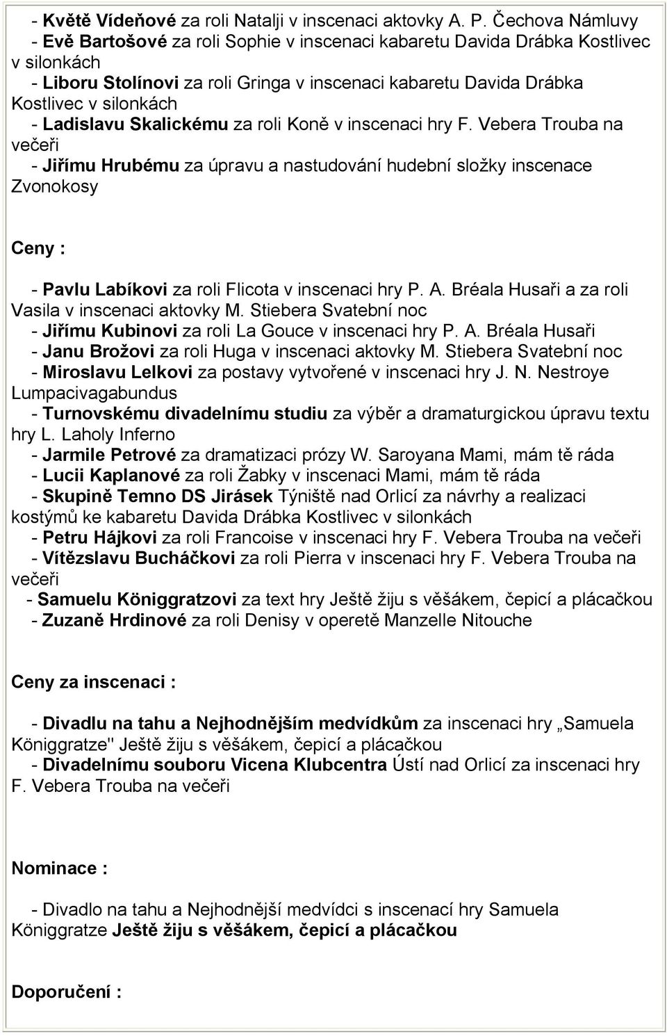 Ladislavu Skalickému za roli Koně v inscenaci hry F.