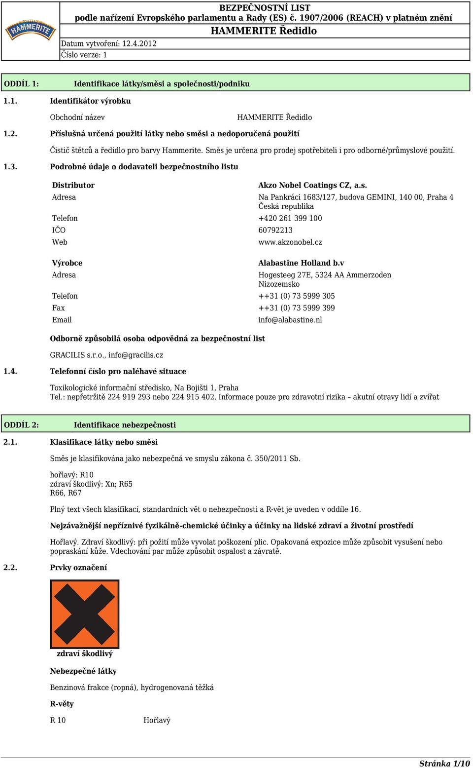 Podrobné údaje o dodavateli bezpečnostního listu Distributor Akzo Nobel Coatings CZ, a.s. Adresa Na Pankráci 1683/127, budova GEMINI, 140 00, Praha 4 Česká republika Telefon +420 261 399 100 IČO 60792213 Web Výrobce Adresa www.