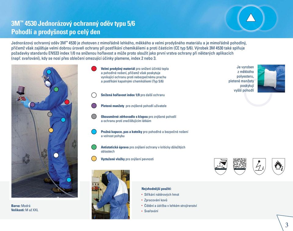 Výrobek 3M 4530 také splňuje požadavky standardu EN533 index 1/0 na sníženou hořlavost a může proto sloužit jako první vrstva ochrany při některých aplikacích (např.