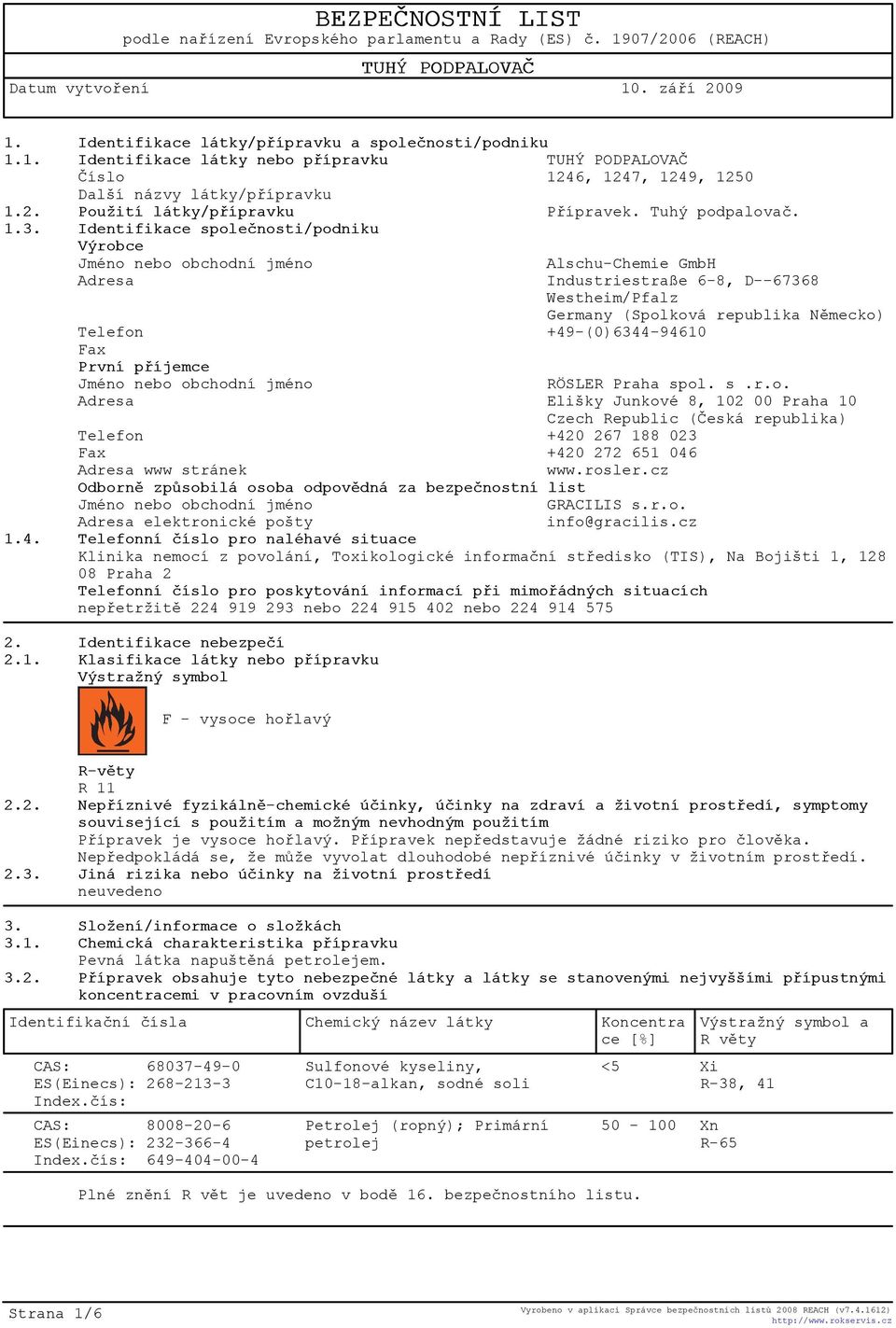 Identifikace spoleènosti/podniku Výrobce Jméno nebo obchodní jméno Alschu-Chemie GmbH Adresa Industriestraße 6-8, D--67368 Westheim/Pfalz Germany (Spolková republika Nìmecko) Telefon