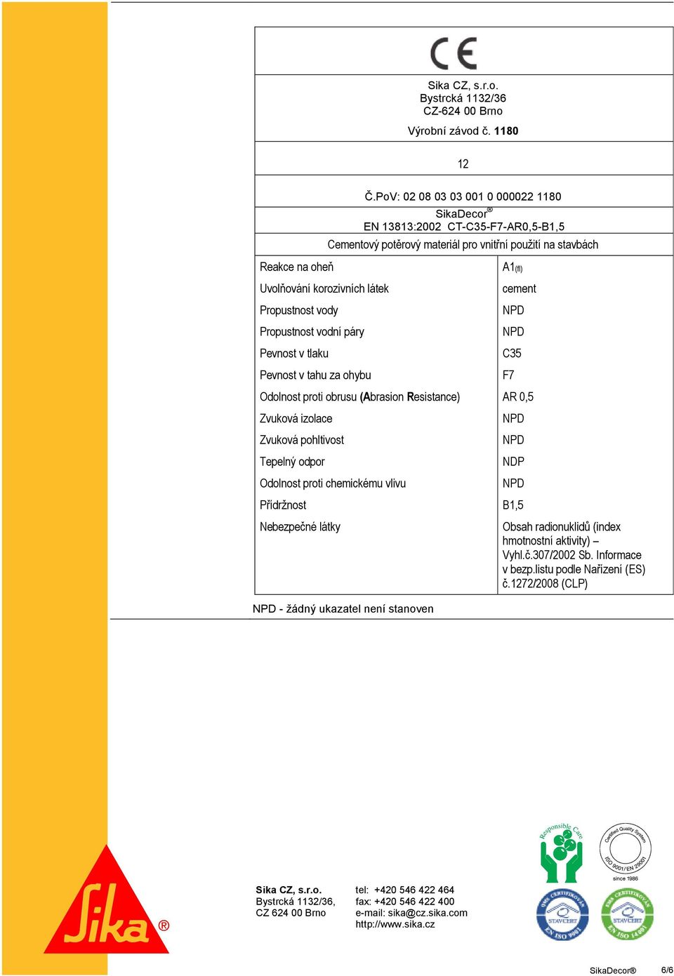 vody Propustnost vodní páry Pevnost v tlaku Pevnost v tahu za ohybu Odolnost proti obrusu (Abrasion Resistance) Zvuková izolace Zvuková pohltivost Tepelný odpor Odolnost proti chemickému vlivu