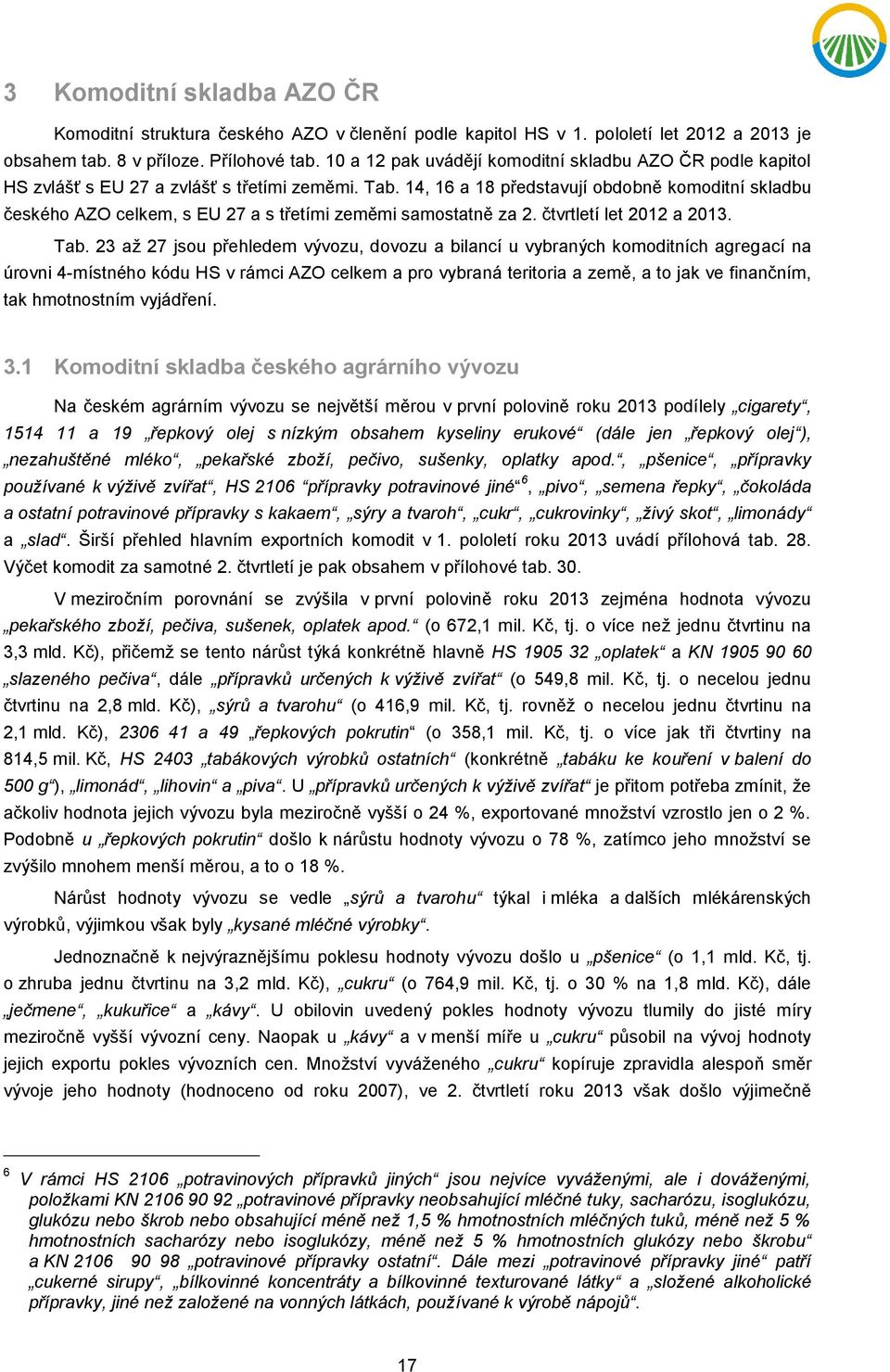 14, 16 a 18 představují obdobně komoditní skladbu českého AZO celkem, s EU 27 a s třetími zeměmi samostatně za 2. čtvrtletí let 2012 a 2013. Tab.