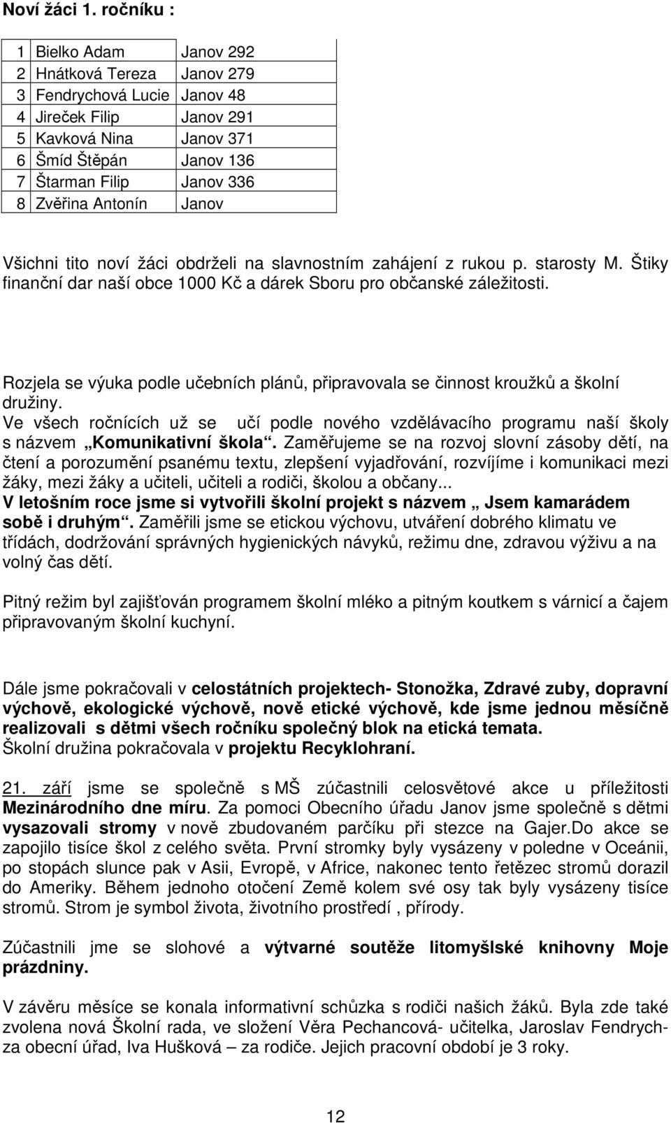 Zvěřina Antonín Janov Všichni tito noví žáci obdrželi na slavnostním zahájení z rukou p. starosty M. Štiky finanční dar naší obce 1000 Kč a dárek Sboru pro občanské záležitosti.
