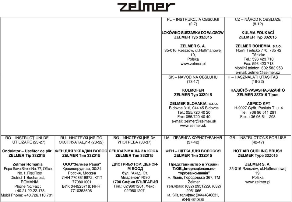 cz H HASZNÁLATI UTASÍTÁS (18-22) KULMOFÉN ZELMER Typ 33Z015 HAJSÜTŐ-VASAS HAJ-SZÁRÍTÓ ZELMER 33Z015 Típus ZELMER SLOVAKIA, s.r.o. Bidovce 316, 044 45 Bidovce Tel.