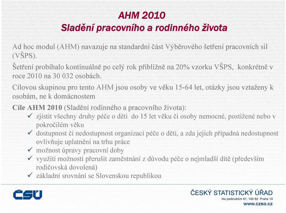 Cílovou skupinou pro tento AHM jsou osoby ve věku 15-64 let, otázky jsou vztaženy k osobám, ne k domácnostem Cíle AHM 2010 (Sladění rodinného a pracovního života): zjistit všechny druhy péče o děti