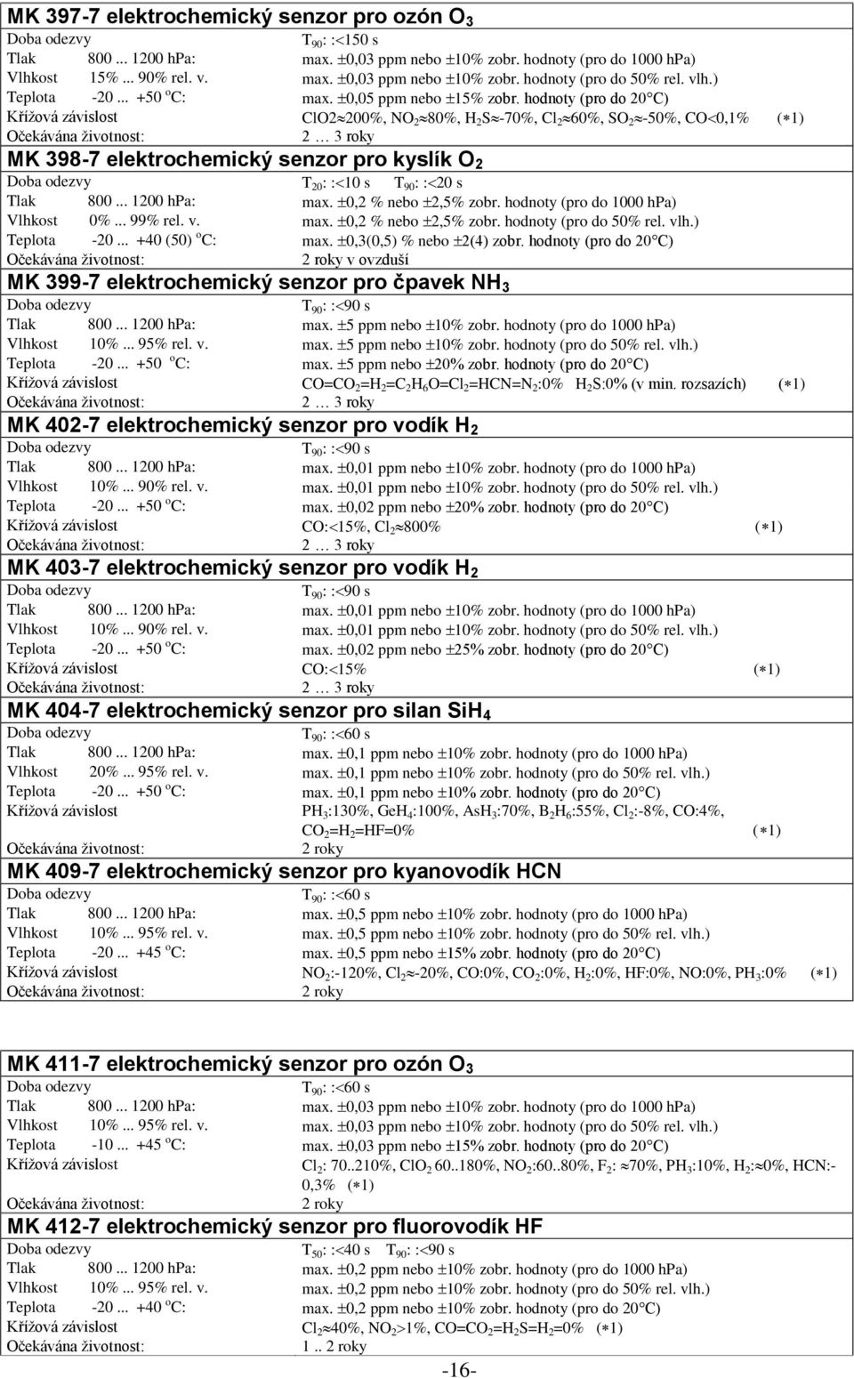 hodnoty (pro do 20 C) ClO2 200%, NO 2 80%, H 2 S -70%, Cl 2 60%, SO 2-50%, CO 0,1% ( 1) MK 398-7 elektrochemický senzor pro kyslík O 2 T 20 : : 10 s T 90 : : 20 s Tlak 800... 1200 hpa: max.