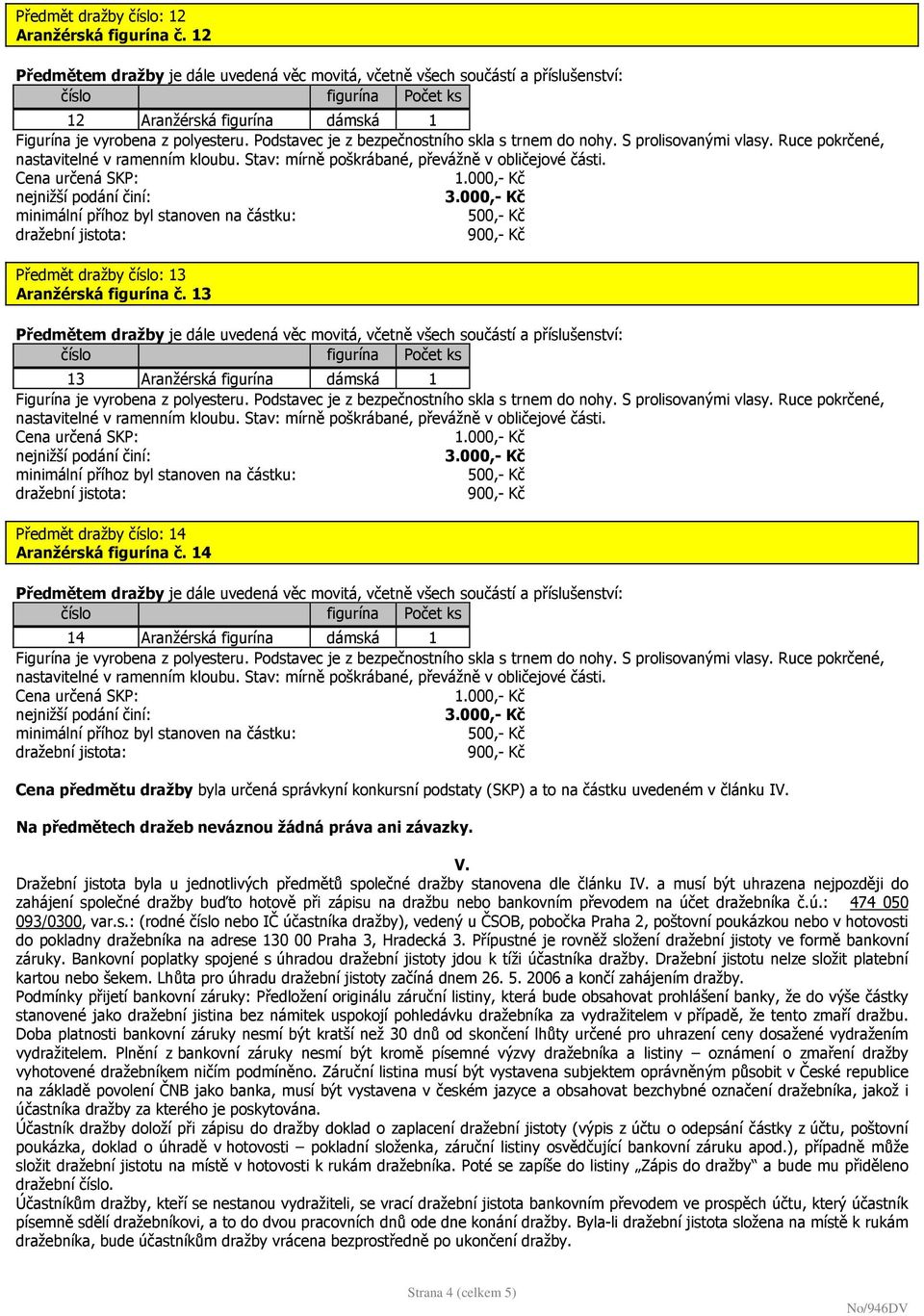 14 14 Aranžérská figurína dámská 1 Cena předmětu dražby byla určená správkyní konkursní podstaty (SKP) a to na částku uvedeném v článku IV. Na předmětech dražeb neváznou žádná práva ani závazky. V.