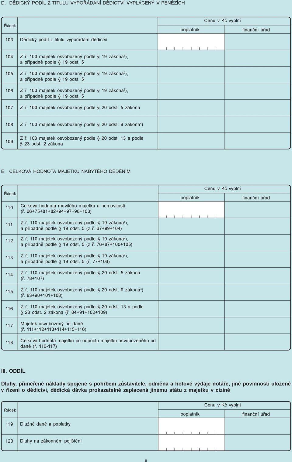 103 majetek osvobozený podle 20 odst. 13 a podle 23 odst. 2 zákona E. CELKOVÁ HODNOTA MAJETKU NABYTÉHO DĚDĚNÍM 110 111 112 113 114 115 116 117 118 Celková hodnota movitého majetku a nemovitostí (ř.