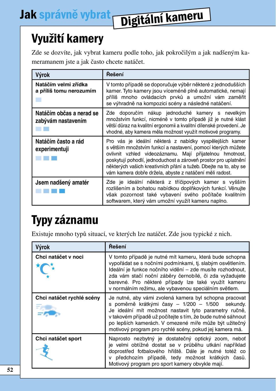 z jednodušších kamer. Tyto kamery jsou víceméně plně automatické, nemají příliš mnoho ovládacích prvků a umožní vám zaměřit se výhradně na kompozici scény a následné natáčení.