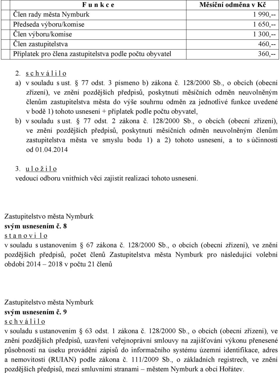 , o obcích (obecní zřízení), ve znění pozdějších předpisů, poskytnutí měsíčních odměn neuvolněným členům zastupitelstva města do výše souhrnu odměn za jednotlivé funkce uvedené v bodě 1) tohoto