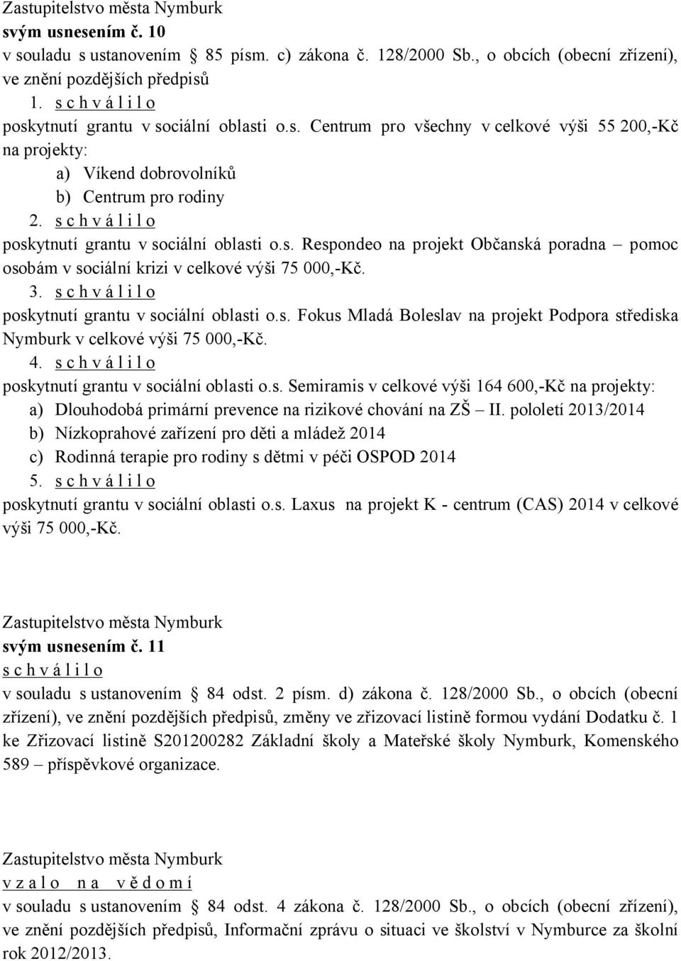 4. poskytnutí grantu v sociální oblasti o.s. Semiramis v celkové výši 164 600,-Kč na projekty: a) Dlouhodobá primární prevence na rizikové chování na ZŠ II.