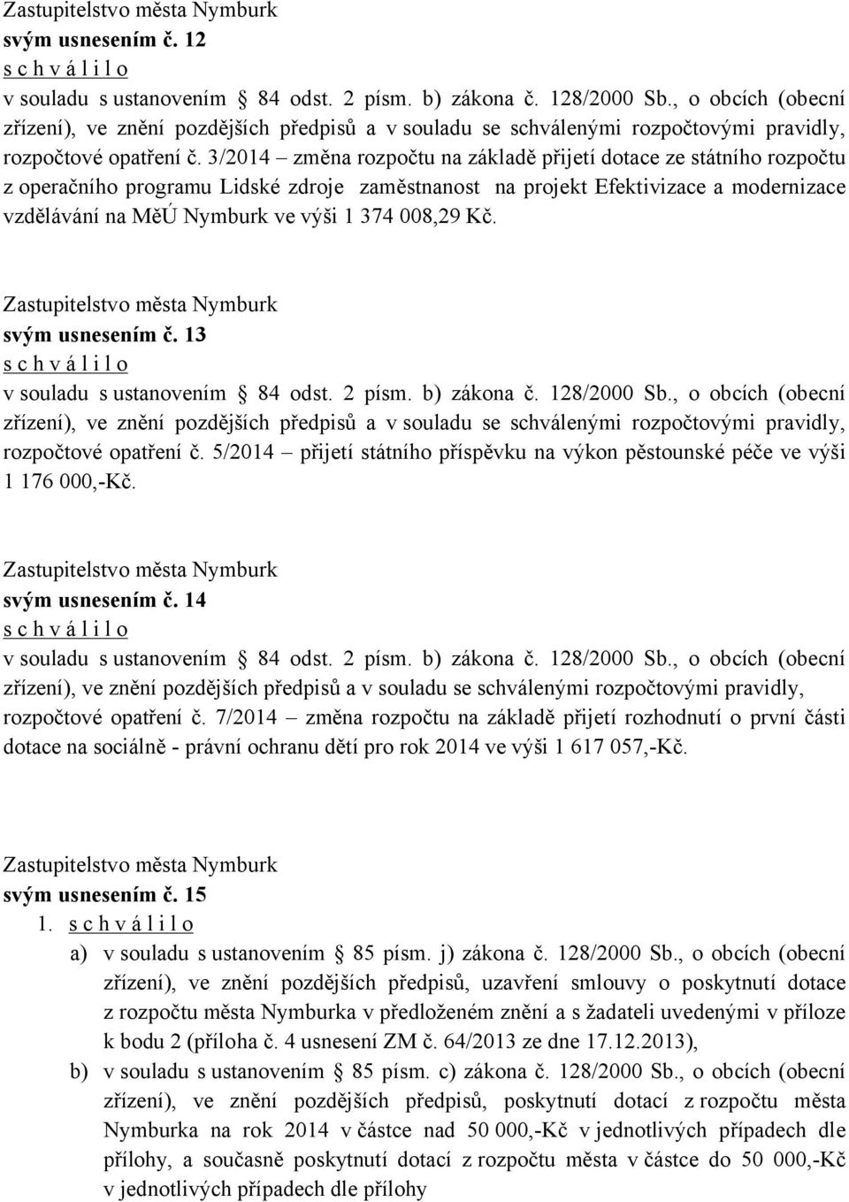 3/2014 změna rozpočtu na základě přijetí dotace ze státního rozpočtu z operačního programu Lidské zdroje zaměstnanost na projekt Efektivizace a modernizace vzdělávání na MěÚ Nymburk ve výši 1 374