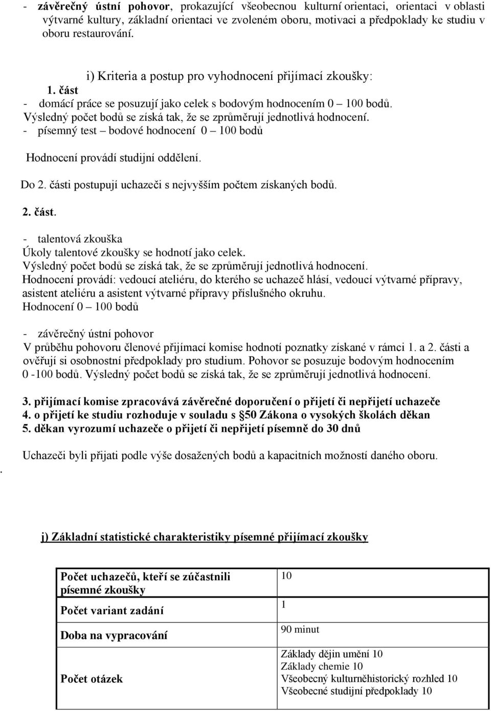 - písemný test bodové hodnocení 0 100 bodů Hodnocení provádí studijní oddělení. Do 2. části postupují uchazeči s nejvyšším počtem získaných bodů. 2. část. - talentová zkouška Úkoly talentové zkoušky se hodnotí jako celek.