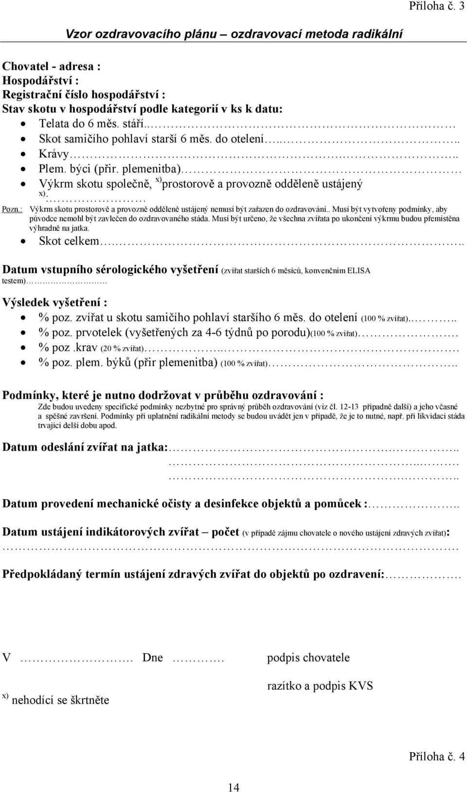 stáří.. Skot samičího pohlaví starší 6 měs. do otelení.... Krávy... Plem. býci (přir. plemenitba) Výkrm skotu společně, x) prostorově a provozně odděleně ustájený x) : Pozn.