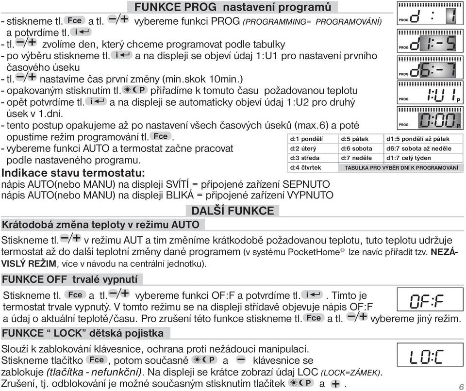 ) - opakovaným stisknutím tl. P přiřadíme k tomuto času požadovanou teplotu - opět potvrdíme tl. i a na displeji se automaticky objeví údaj 1:U2 pro druhý úsek v 1.dni.