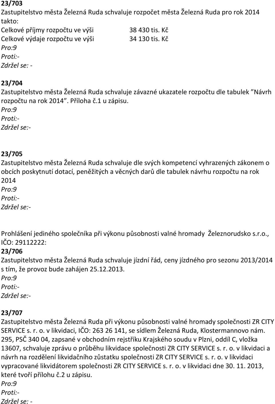 23/705 Zastupitelstvo města Železná Ruda schvaluje dle svých kompetencí vyhrazených zákonem o obcích poskytnutí dotací, peněžitých a věcných darů dle tabulek návrhu rozpočtu na rok 2014 Prohlášení