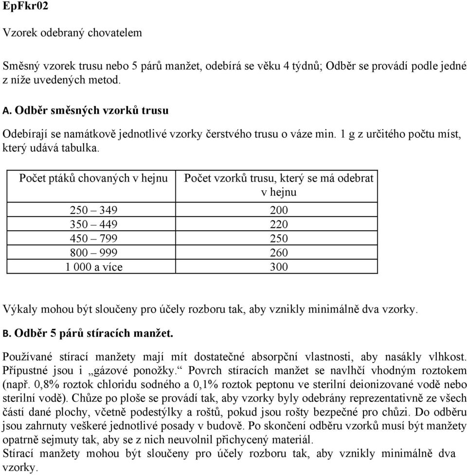 Počet ptáků chovaných Počet vzorků trusu, který se má odebrat 250 349 200 350 449 220 450 799 250 800 999 260 1 000 a více 300 (např.