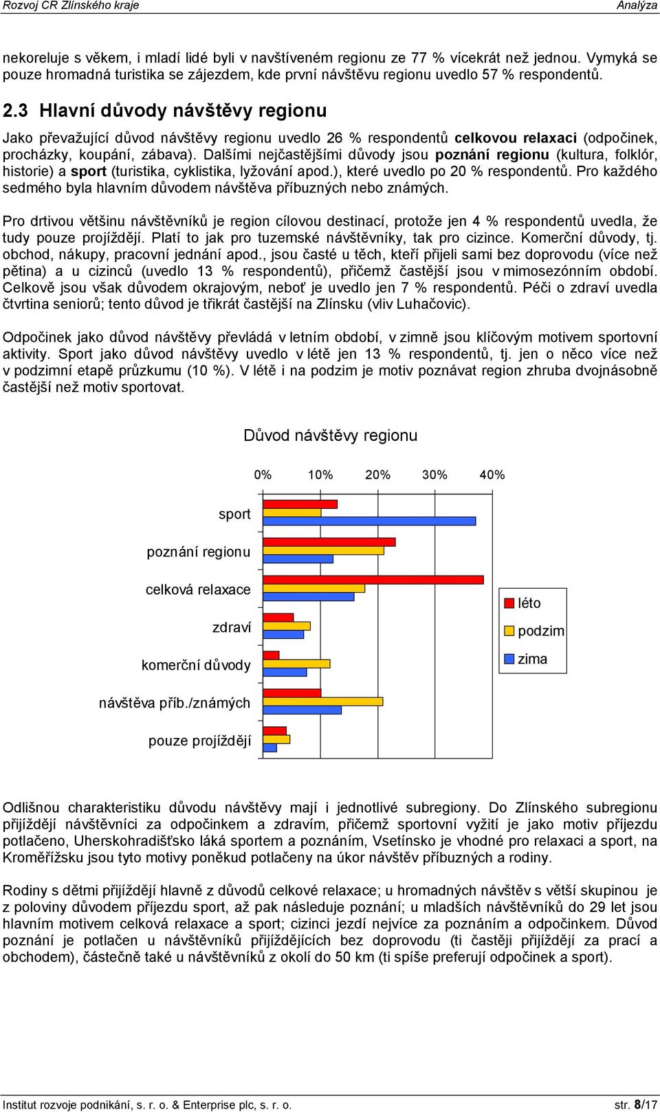 Dalšími nejčastějšími důvody jsou poznání regionu (kultura, folklór, historie) a sport (turistika, cyklistika, lyžování apod.), které uvedlo po 20 % respondentů.