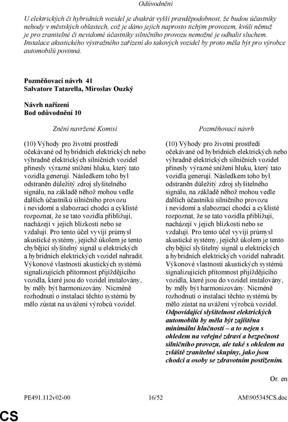41 Salvatore Tatarella, Miroslav Ouzký Bod odůvodnění 10 (10) Výhody pro životní prostředí očekávané od hybridních elektrických nebo výhradně elektrických silničních vozidel přinesly výrazné snížení