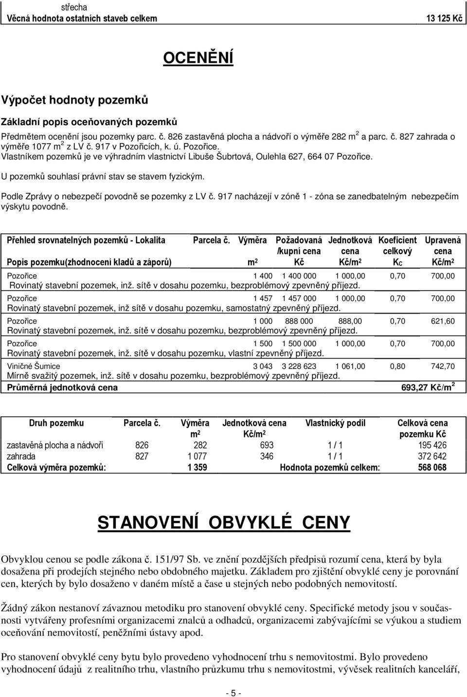 Vlastníkem pozemků je ve výhradním vlastnictví Libuše Šubrtová, Oulehla 627, 664 07 Pozořice. U pozemků souhlasí právní stav se stavem fyzickým. Podle Zprávy o nebezpečí povodně se pozemky z LV č.