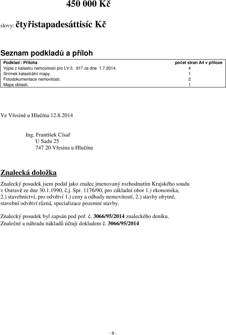 František Císař U Sadu 25 747 20 Vřesina u Hlučína Znalecká doložka Znalecký posudek jsem podal jako znalec jmenovaný rozhodnutím Krajského soudu v Ostravě ze dne 30.1.1990, č.j. Spr.