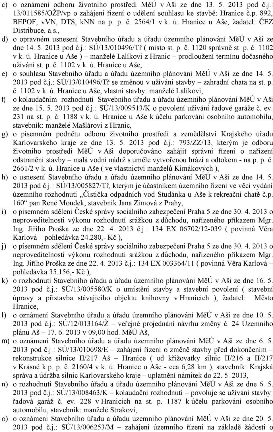 p. č. 1102 v k. ú. Hranice u Aše ) manželé Lalíkovi z Hranic prodloužení termínu dočasného užívání st. p. č. 1102 v k. ú. Hranice u Aše, e) o souhlasu Stavebního úřadu a úřadu územního plánování MěÚ v Aši ze dne 14.