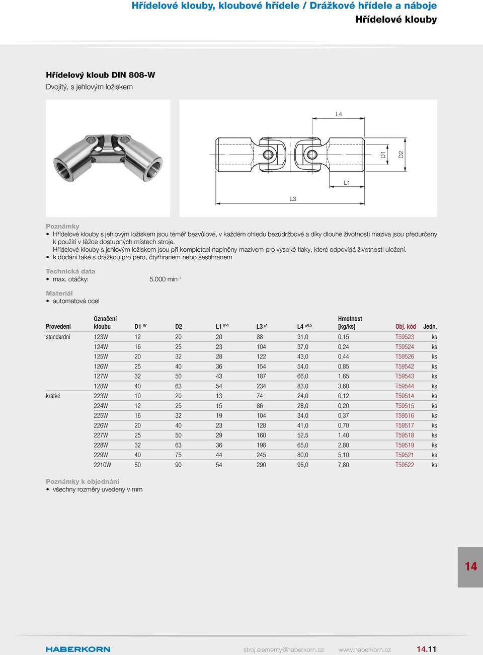 k dodání také s drážkou pro pero, čtyřhranem nebo šestihranem max. otáčky: 5.000 min -1 automatová ocel Provedení kloubu H7 L1 0/-1 L3 ±1 L4 ±0,5 Hmotnost [kg/ks] Obj. kód Jedn.