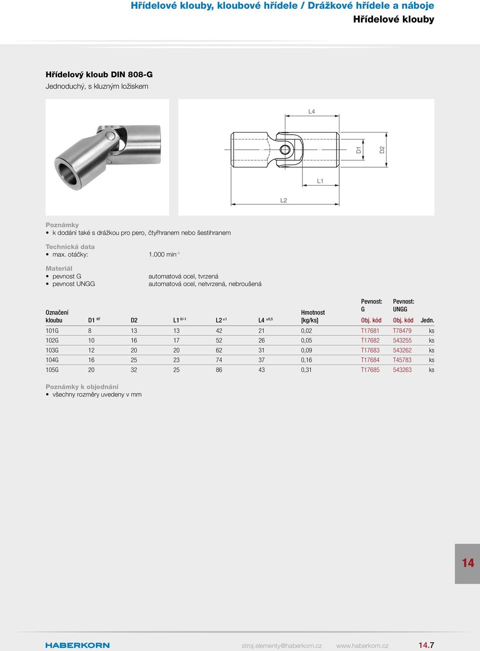 000 min -1 pevnost G pevnost UNGG automatová ocel, tvrzená automatová ocel, netvrzená, nebroušená Hmotnost kloubu H7 L1 0/-1 L2 ±1 L4 ±0,5 [kg/ks]