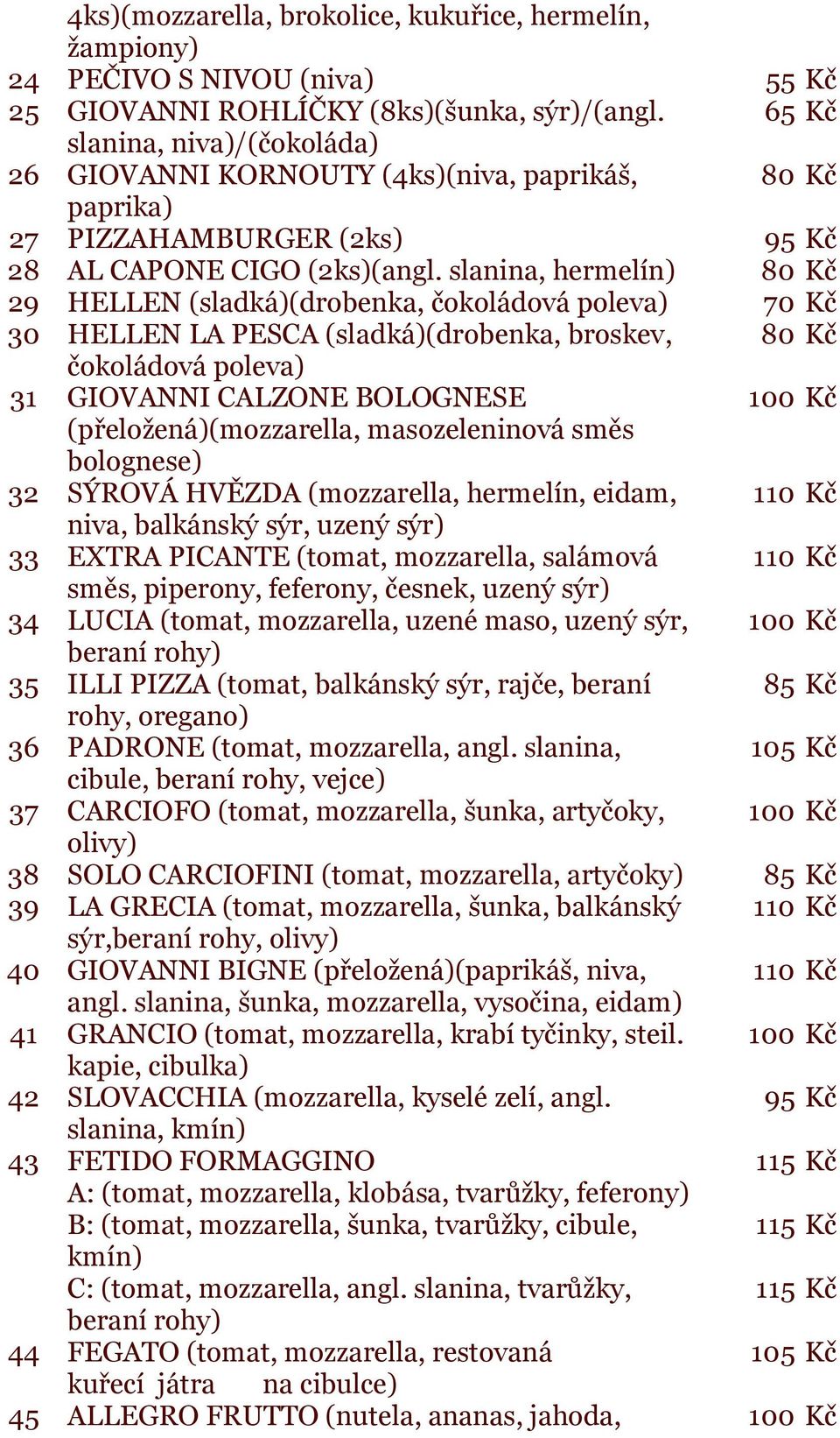 slanina, hermelín) 80 Kč 29 HELLEN (sladká)(drobenka, čokoládová poleva) 70 Kč 30 HELLEN LA PESCA (sladká)(drobenka, broskev, 80 Kč čokoládová poleva) 31 GIOVANNI CALZONE BOLOGNESE